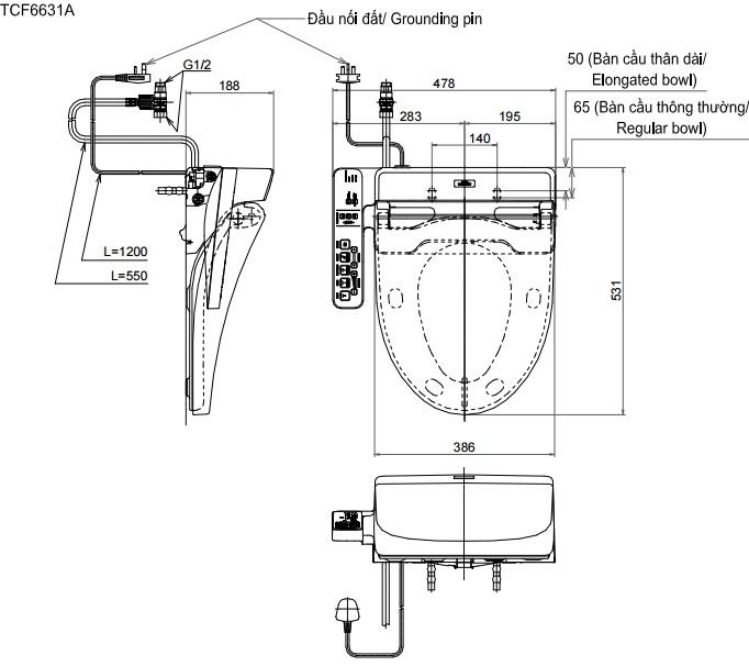 Bản vẽ kỹ thuật bồn cầu điện tử TOTO TCF6631A
