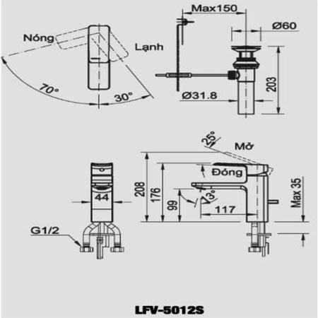 Bản vẽ kĩ thuật Vòi chậu rửa Lavabo nóng lạnh Inax LFV-5012S