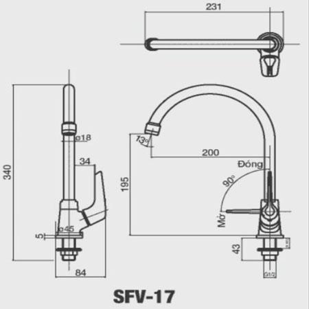 Bản vẽ kĩ thuật Vòi rửa bát nước lạnh inax SFV-17