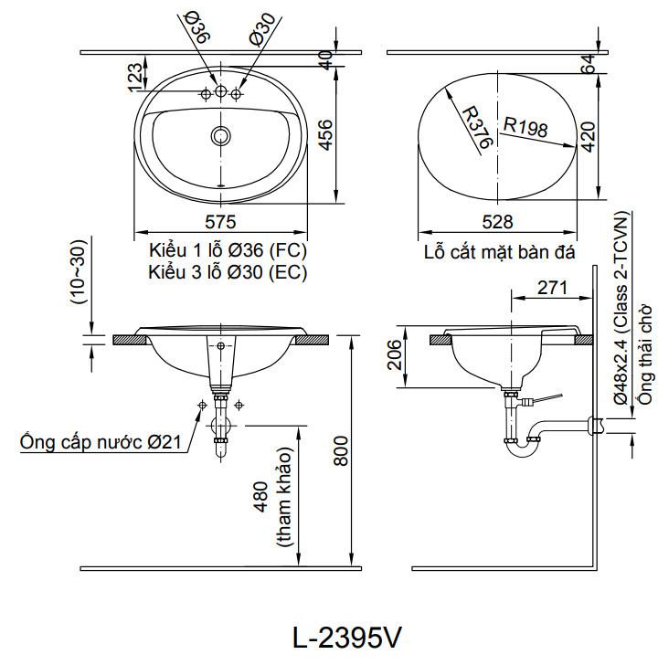 Bản vẽ kỹ thuật chậu rửa dương bàn inax AL-2395V(EC-FC)