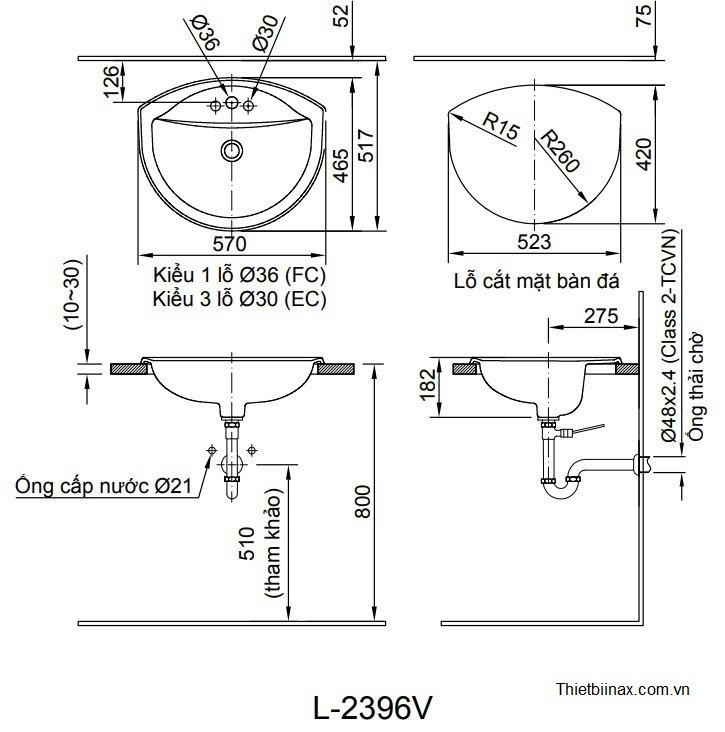 Bản vẽ kỹ thuật chậu rửa âm bàn INAX L-2396V(EC/FC)