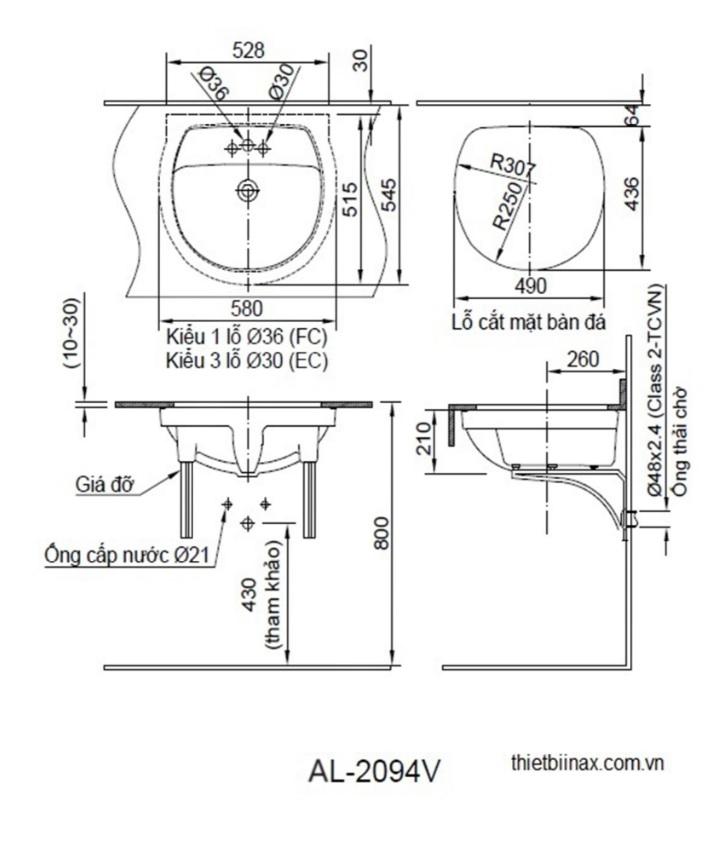 Bản vẽ kỹ thuật chậu rửa âm bàn inax AL-2094V(EC/FC)